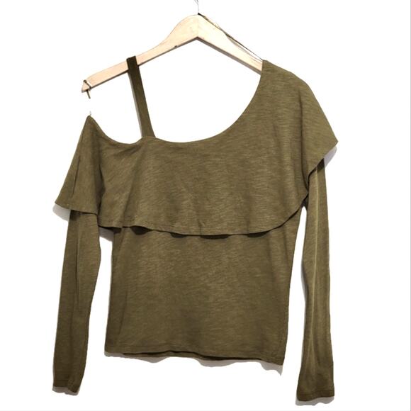 Anthropologie Postmark Off the Shoulder Ruffle Long Sleeve Green Top Boho Chic S - Picture 9 of 16